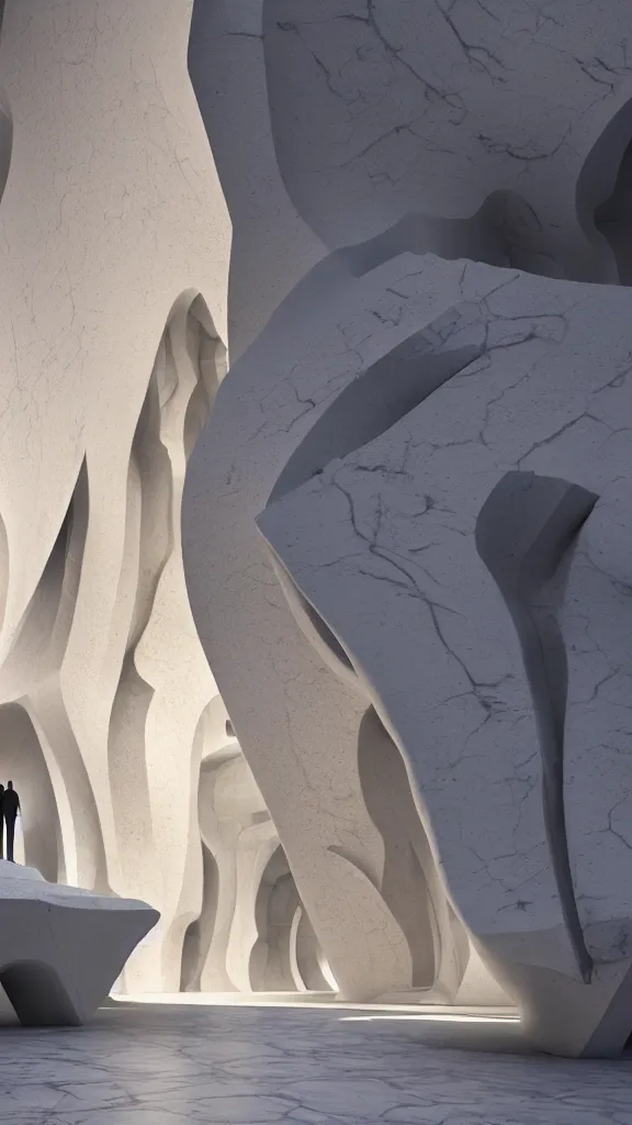 Prompt: the inside of a stone marble sculpture monument by arthur haas and bruce pennington and john schoenherr, architecture by zaha hadid, octane render, warm colour scheme, white, cinematic, scenery, high detail, high quality, close up angle, people walking