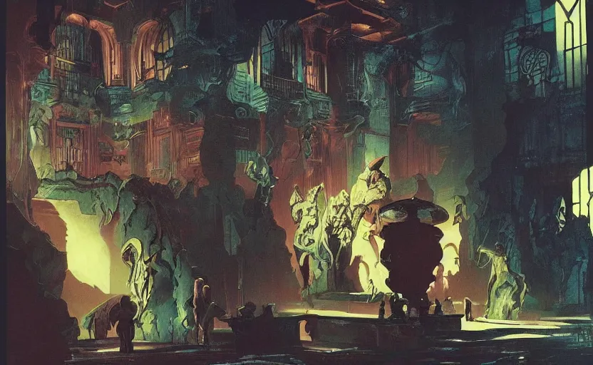 Prompt: silhouettes of otherworldy baroque neoclassicist sci - fi marble figures in a colorful glowing courtyard at night. gloomy atmosphere, dark black background. highly detailed fantasy science fiction painting by moebius, norman rockwell, frank frazetta, and syd mead. rich colors, high contrast. artstation