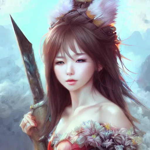 Image similar to realistic beautiful gorgeous natural cute fantasy warrior girl art drawn full HD 4K highest quality in artstyle by professional artists WLOP, Taejune Kim, yan gisuka, JeonSeok Lee, artgerm, Ross draws, Zeronis, Chengwei Pan on Artstation