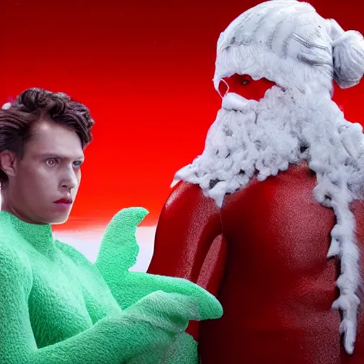 Image similar to a male humanoid giant has skin that looks like red and white hard candy, the giant is wearing a peppermint armor and his back has wings made of mint leaves, the giant has a christmas present in his hand, cinematic dune movie still