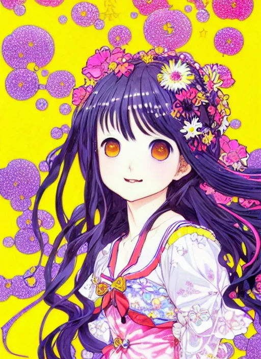 Image similar to exquisite imaginative manga poster art of a smiley girl, long wavy hair, stars, flowers, lolita dress, shimmering, by kojima ayami, shigenori soejima, minaba hideo, alphonse mucha, jump comics, shogakukan, art nouveau, illustration, artstation, highly detailed, 8 k, fluorescent, maximalist