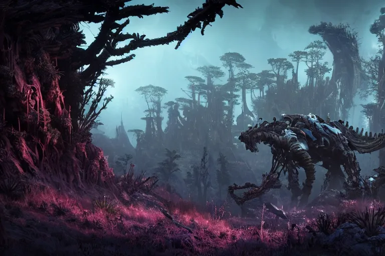 Image similar to wide epic shot from horizon forbidden west. a hyper detailed organic mechanic creatuve realistic similar look as horizon forbidden west horizon zero dawn, bioluminiscence in a dark deep forest at dawn in spring, with reflection and textures, by kilian eng, substance painter reaslitic mech surface metal painted scratches, world env from horizon forbidden west horizon zero dawn