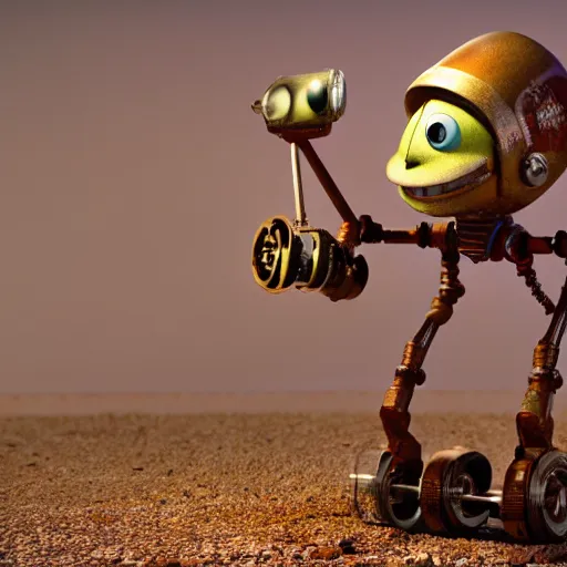 Prompt: figure of rusty bot on 3 wheels, humbly smiling, lightbulbs as eyes, 3 d realistic, pixar esthetics, light tracing, 8 k