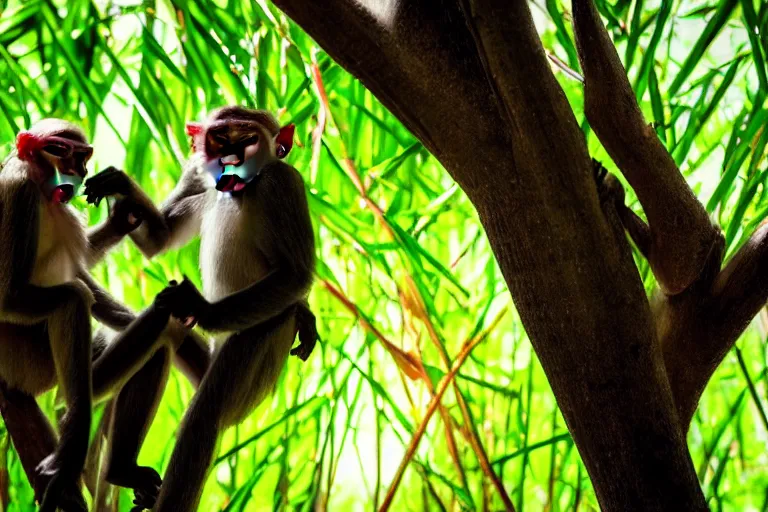 Image similar to cinematography closeup portrait of monkeys dancing in a bamboo forest, natural light by Emmanuel Lubezki