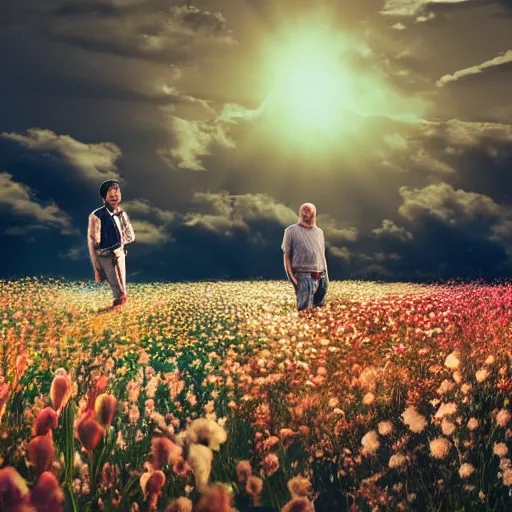 Prompt: a man is white and balding, and middle aged, and the other man is latino and skinny, together in a field of flowers at sunset, realistic, intricate, 4k