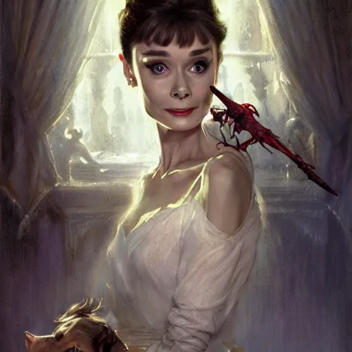 Image similar to audrey hepburn in a horror novel, inside haunted mansion, various scenarios, highly detailed, digital painting, artstation, art by gaston bussiere, greg rutkowski, j. c. leyendecker