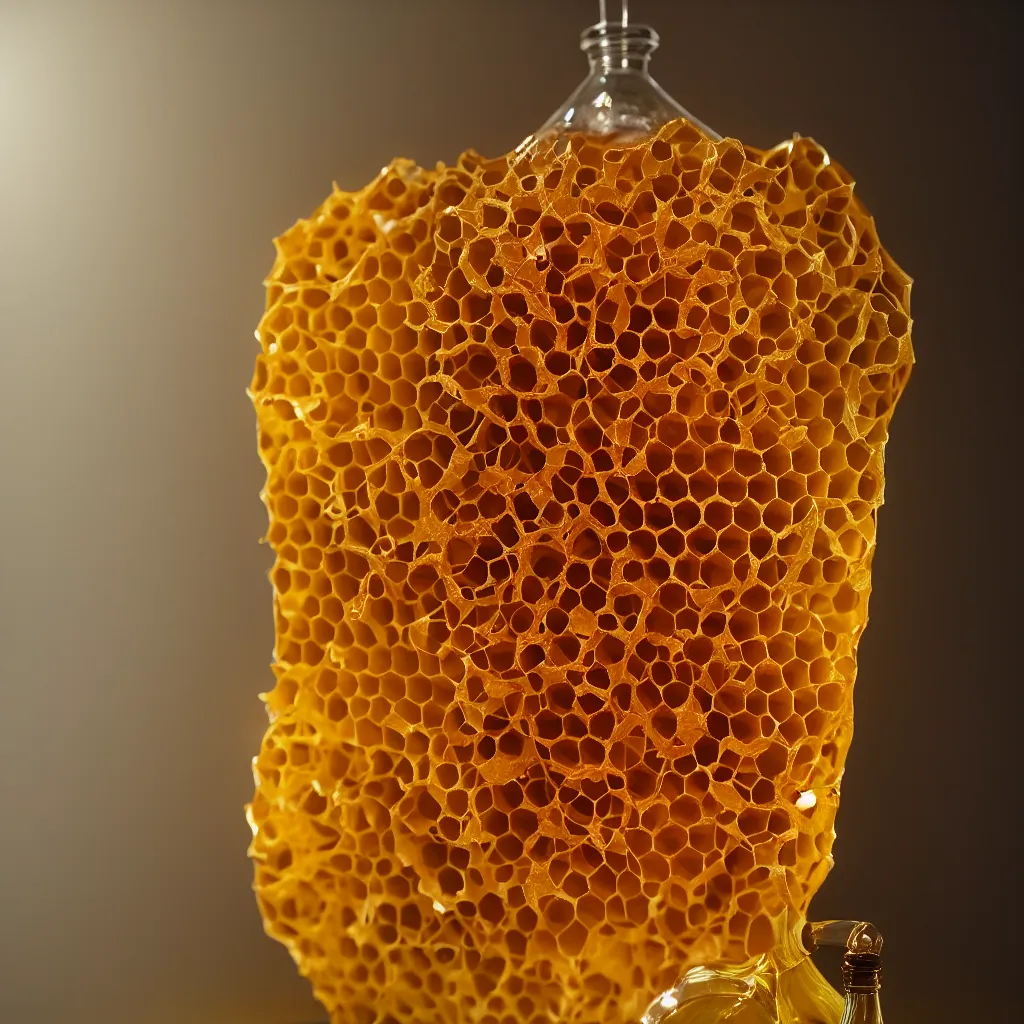 Prompt: real honeycomb elegant traditional vase with dripping honey by tomas gabzdil libertiny, product design, film still from the movie directed by denis villeneuve with art direction by zdzisław beksinski, shallow depth of field
