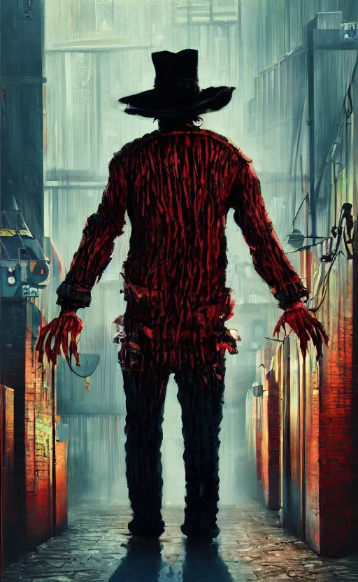 Prompt: a vigorous and limber photorealistic painting of a simple, conversational, cyberpunk, deeply and exquisite freddy krueger in london, by tim white. tibetan paintings. photorealistic. trending on artstation. photorealistic. unreal engine