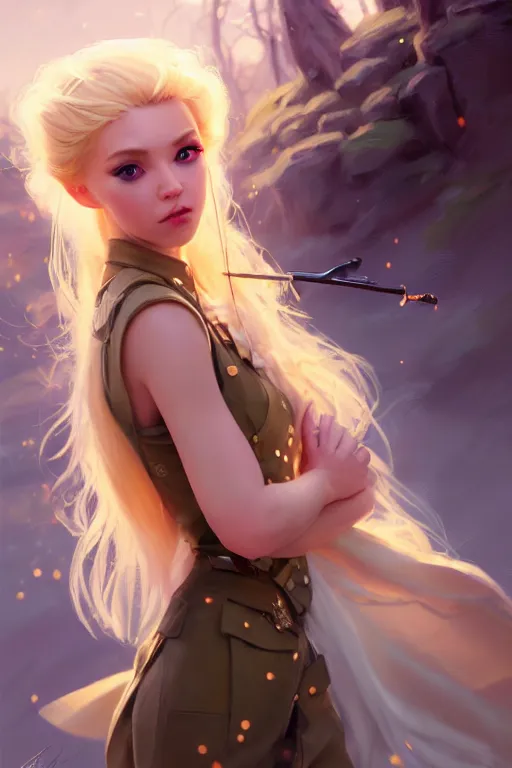 Image similar to cinematic shot of an epic portrait of a cute blonde fairy dressed in military clothes, stylised military clothes, shiny skin, beautiful eyes, beautiful, small details, night setting, realistic poster with volumetric light from craig mallism, artgerm, jeremy lipkin and michael garmash, unreal engine, radiant light, digital art, trends at art station, a masterpiece