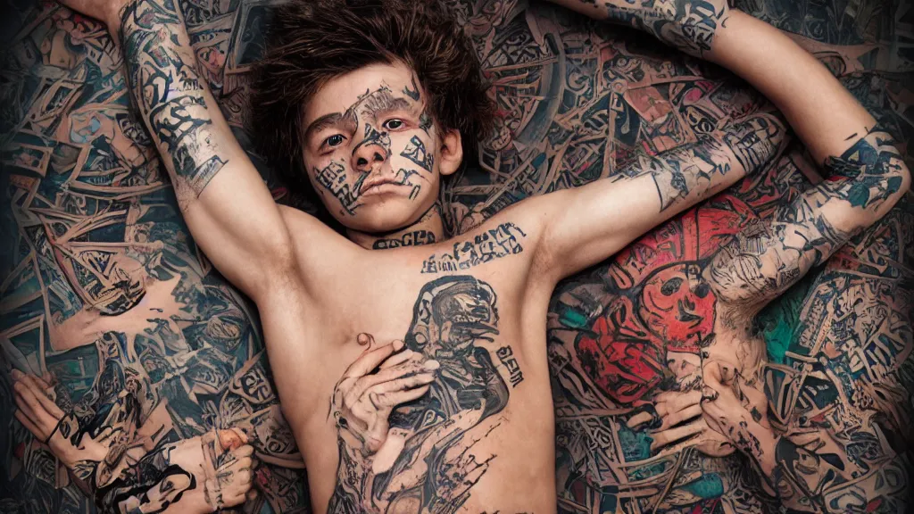 Prompt: boy covered in tribal tatoos resting on the floor, fantasy artwork, award winning, very very very very very very very very very very very very very very beautiful, hyper detailed, studio lighting, artstation