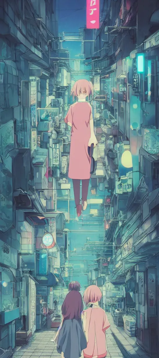 Prompt: beautiful anime! style vaporware tokyo japan, kawaii anime manga style, illustration, aesthetic, muted color disposition, minimalistic, simple art, neon pastel, hayao miyazaki