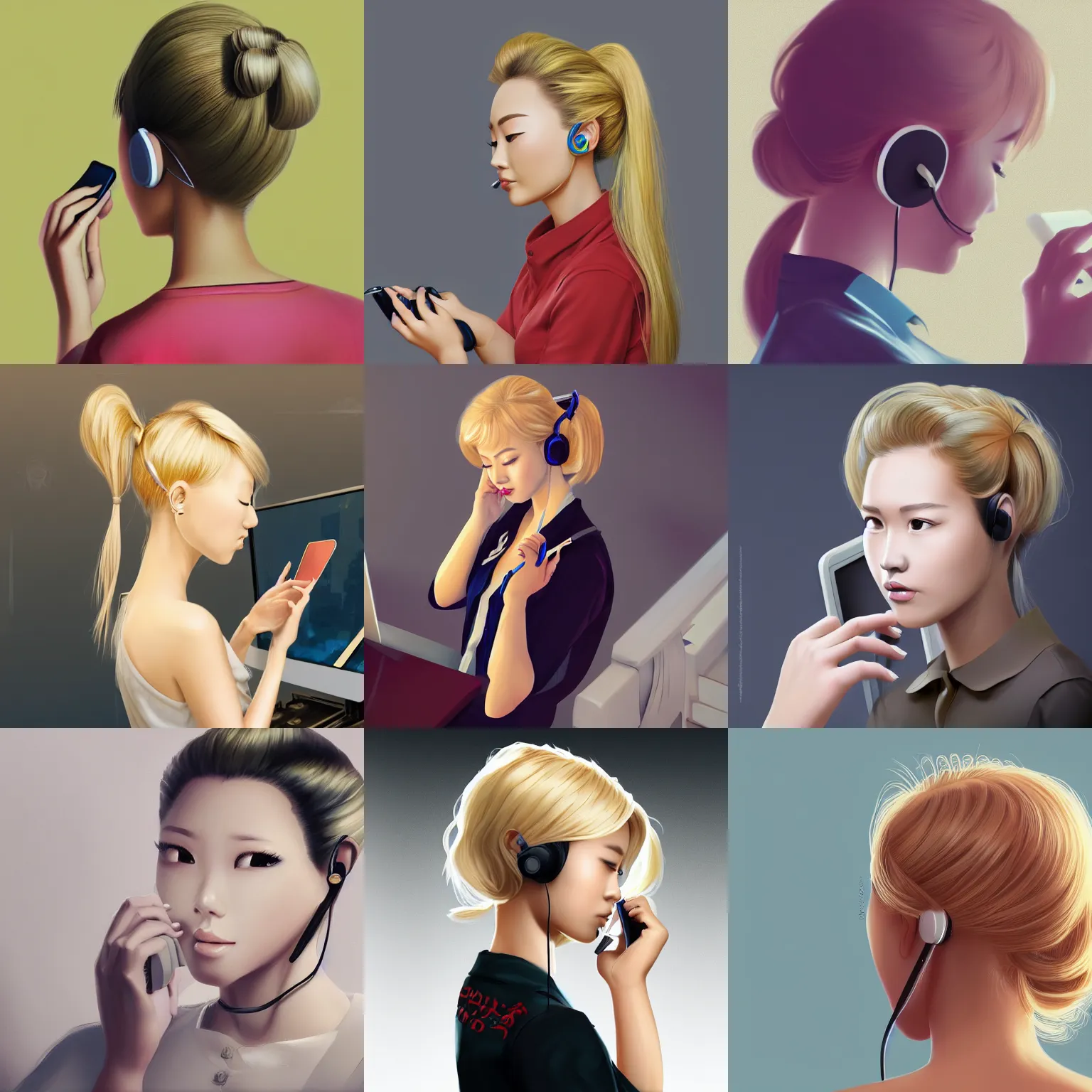 Prompt: blonde updo asian girl on the phone to the computer, overhead view, artstation