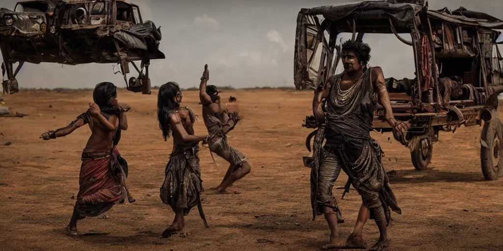 Prompt: sri lankan mad max style, dancing, film still, epic shot cinematography, rule of thirds