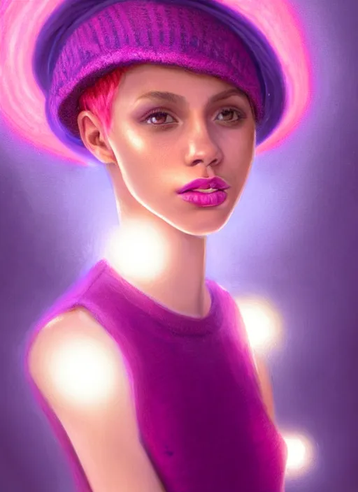 Image similar to portrait of teenage vanessa morgan with bright pink hair, vanessa morgan, curly pixie cut hair, wearing a purple breton cap, breton cap, hoop earrings, intricate, elegant, glowing lights, highly detailed, digital painting, artstation, concept art, smooth, sharp focus, illustration, art by wlop, mars ravelo and greg rutkowski