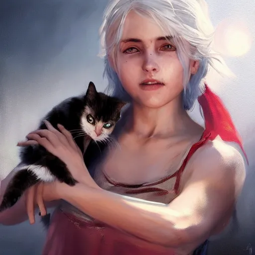 Image similar to Ciri holding a cat, beautiful lighting, expressive oil painting, trending on artstation, digital art, by Yoshitaka Amano