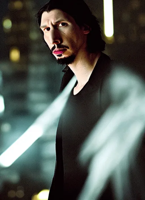 Image similar to adam driver as neo, matrix, city, lightning in the background