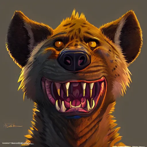 Image similar to upper body illustration of a gnoll, hyena face, aggressive and rabid look, mattepainting concept blizzard pixar maya engine on stylized background splash comics global illumination lighting artstation, sharp focus, lois van baarle, ilya kuvshinov, rossdraws