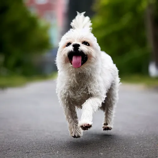 Image similar to high quality photo of a bipedal dog walking down the street, artistic