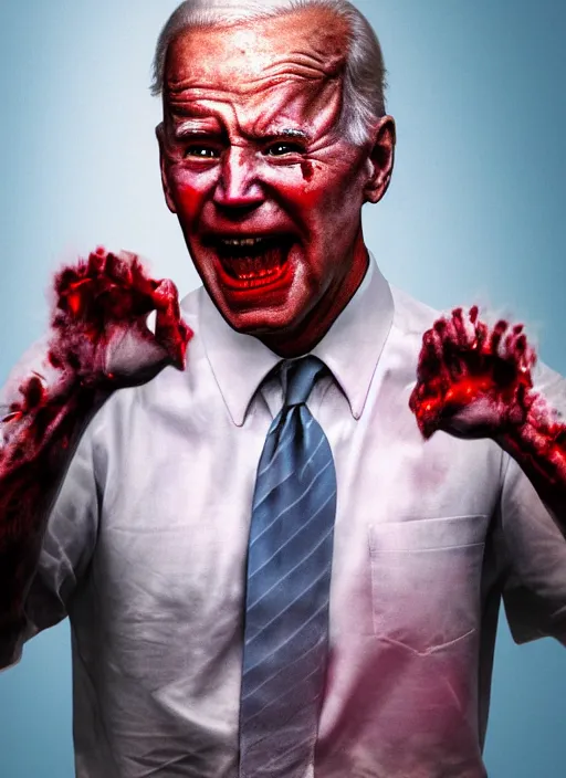 Image similar to hyper realistic ultra realistic horror terror dimensional photo furious glowing red eyes biden, high quality photo, detailed , 8k