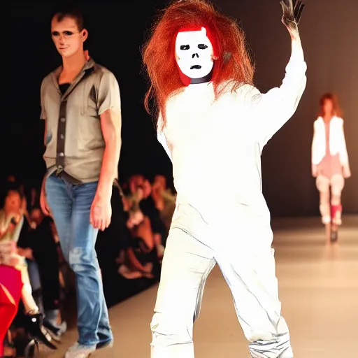 Image similar to Michael Myers walks the runway at a fashion show