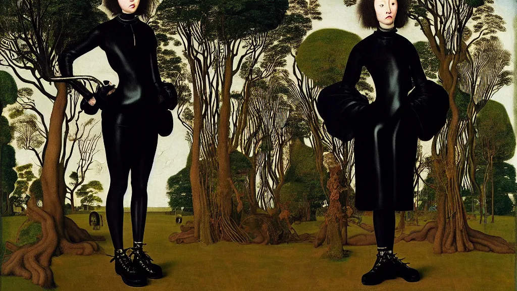 Prompt: portrait of a woman with blue frizzy hair, wearing a high collar black dress by alexander mcqueen and metallic platform shoes, standing in a botanical garden, bjork aesthetic, masterpiece, in the style of rogier van der weyden and jacopo da pontormo, punk, asian art