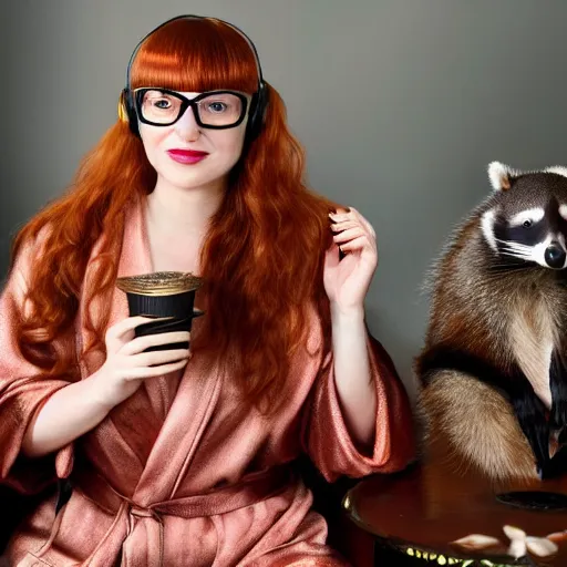 Prompt: a stunning hyper-detailed portrait photo of a beautiful bespectacled woman with long auburn hair and bangs, dressed in a luxurious silk robe, wearing futuristic headphones and posing with raccoons and parrots in an overstuffed easy chair in her sunlit living room, holding a coffee mug decorated with raccoons, and holding a strawberry-glazed donut and smoking an elaborate hookah, perfect eyes, octane render, unreal engine, 85 mm lens,