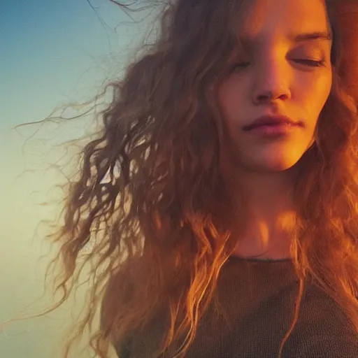 Prompt: Selfie of a beautiful woman with gorgeous flowy hair, standing over a cliff, beautiful volumetric lighting, subsurface scattering!!!!!!, (((((vivid))))) atmosphere, radiant sunshine, trending on artstation, 4k, 8k, artstation portrait imagery, fisheye!!!!! lens, instagram!!!!! selfie!!!!!