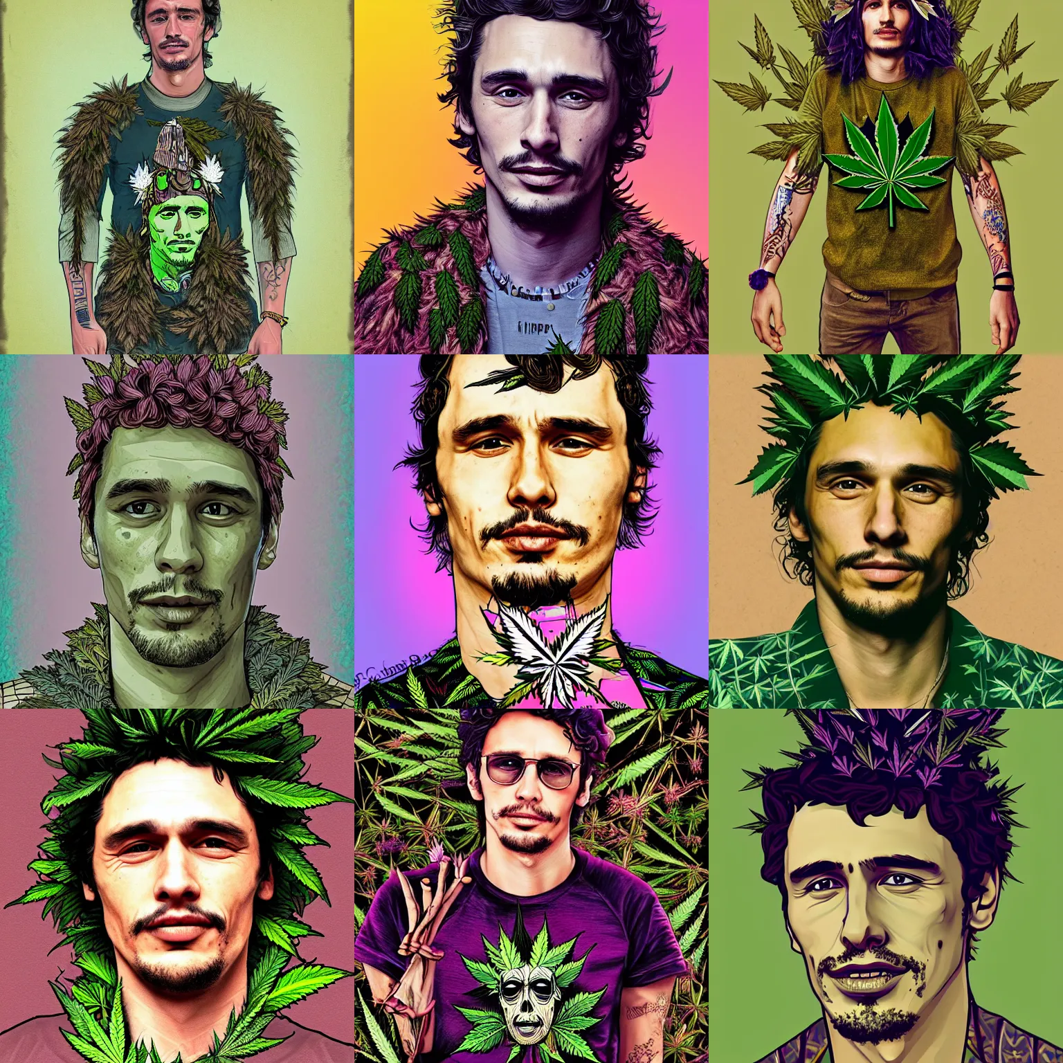Prompt: a detailed portrait of a fashionable analog mystical james franco wearing weedpunk cannabis armor in the style of fantasy and surrealism, futuristic, ethnobotany, muted color scheme