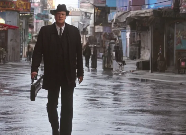 Image similar to film still of Tom Hanks roaming the dirty streets in the new Deathwish, 4k