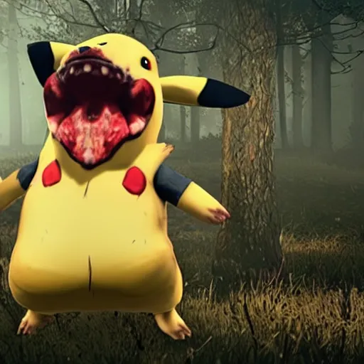 Image similar to 3 d realistic bloody pikachu eating a survivor from the game dead by daylight, dark lighting and heavy fog, videogame screenshot of mori animation