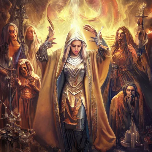 Image similar to powerful female wizard, surrounded by religious followers, featured on artstation, 8k highly detailed, intricate oil painting, concept art, photorealistic, 3d