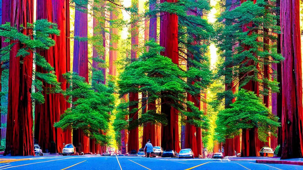 Image similar to Market Street lined with Redwood Trees by bruce mccall; Futuristic City in Harmony with Nature; Location: San Francisco, California;