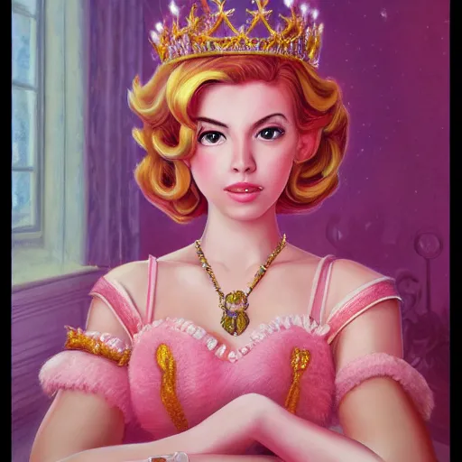 Image similar to An ultra realistic portrait painting of Princess Peach wearing his pink dress and golden tiara, 4k, Ultrarealistic, Highly Detailed, Dark Fantasy, Epic Lighting