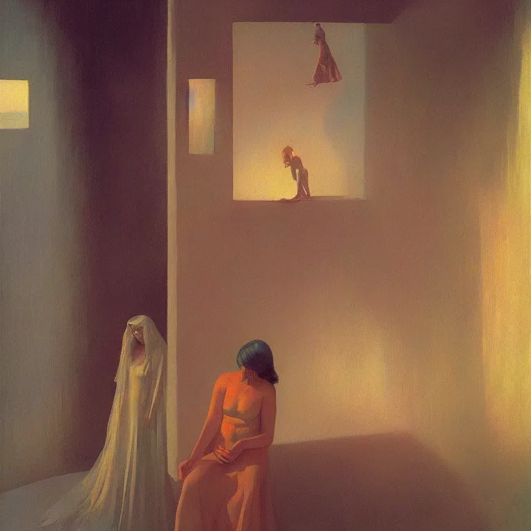 Image similar to the crystal woman, Edward Hopper and James Gilleard, Zdzislaw Beksinski, Steven Outram highly detailed