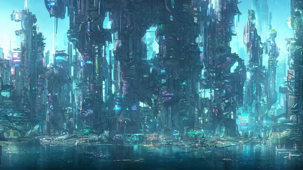 Image similar to Cyberpunk Atlantis. Beautiful underwater city.