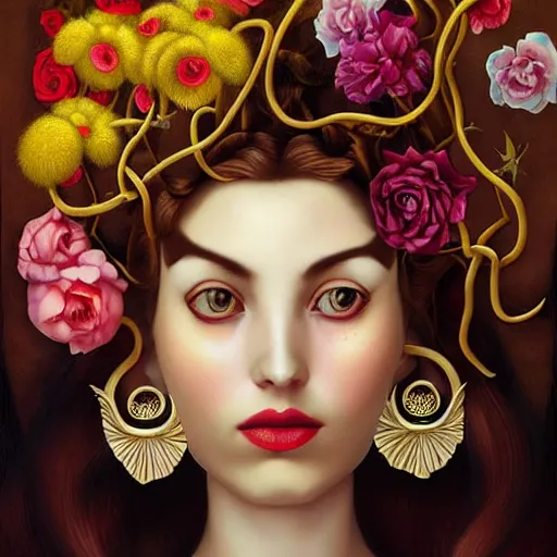 Image similar to dynamic composition, a painting of woman with hair of ( summer flowers )!! and vines wearing ornate earrings, ornate gilded details, a surrealist painting by tom bagshaw and jacek yerga and tamara de lempicka and jesse king, featured on cgsociety, pop surrealism, surrealist, dramatic lighting, wiccan, pre - raphaelite