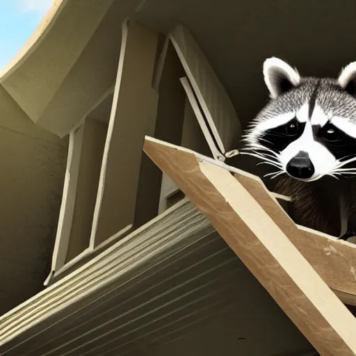 Image similar to a photorealistic raccoon architect inspecting a building