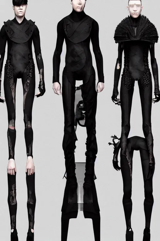 Image similar to beautiful androgynous high fashion avant garde techwear look and clothes, we can see them from feet to head, highly detailed and intricate, luxury, cinematic, rick owens, yohji yamamoto, y 3, outfit photo, hot on r / streetwear, trending on artstation,