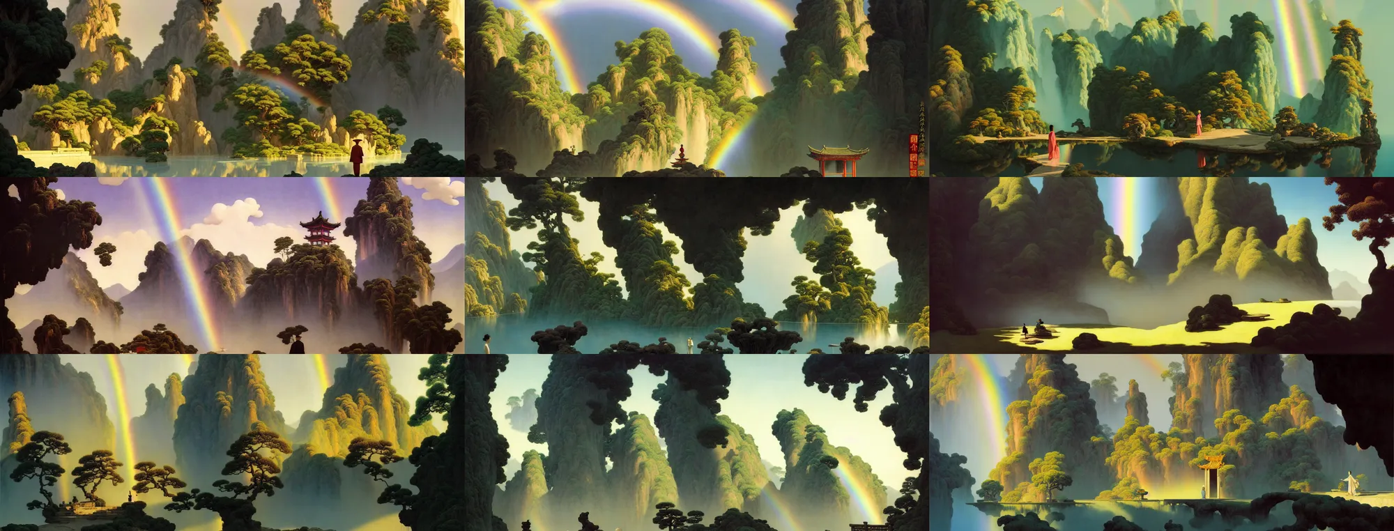 Image similar to a gorgeous landscape painting by barlowe wayne, maxfield parrish and marco mazzoni. chinese temple. sunny morning. a lonely chinese wuxia walks on the winding stone steps, stone gate to the dark cave, 3 d, octane render, turbulent lake, waterfall. fog, just one rainbow. 8 k.