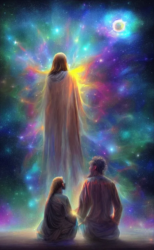 Image similar to Meeting God in the universe, digital art, trending on art station