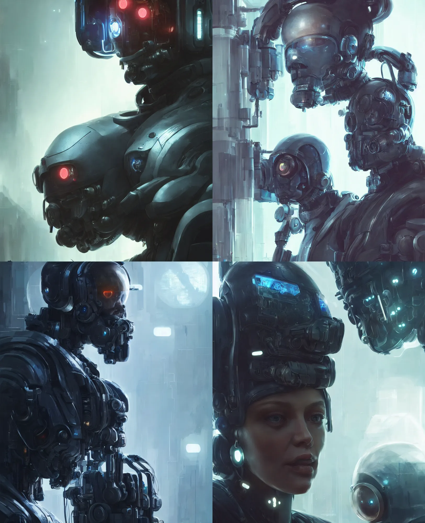 Prompt: a closeup portrait one human operator working the laboratory, scifi character, cyberpunk suit, concept art, highly detailed, greg rutkowski, cedric peyravernay, anato finnstark, artstation, 8 k