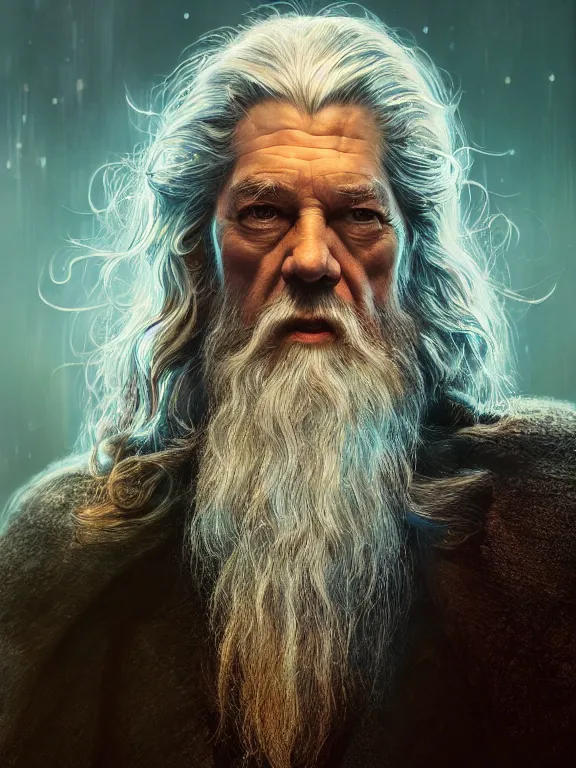 Prompt: portrait art of 8k ultra realistic retro futuristic Gandalf, lens flare, atmosphere, glow, detailed,intricate,blade runner, cybernetic, full of colour, cinematic lighting, trending on artstation, 4k, hyperrealistic, focused, extreme details,unreal engine 5, cinematic, masterpiece, art by ayami kojima, giger