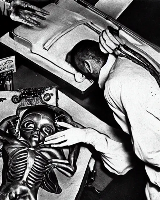 Prompt: Hyper realistic vintage photograph of an alien autopsy