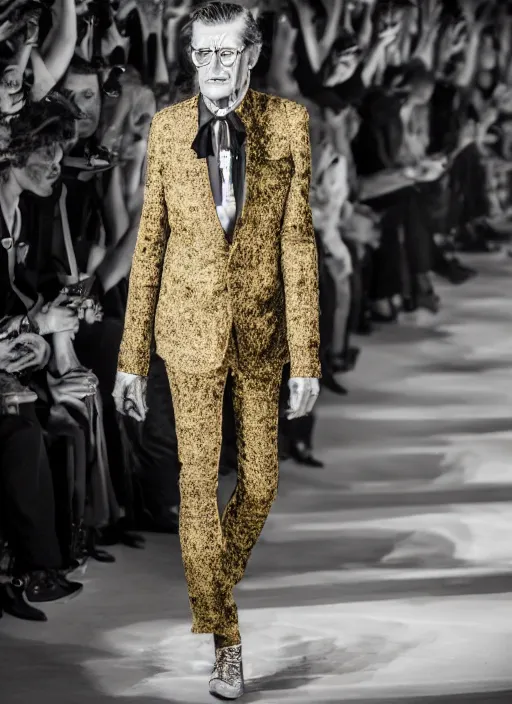 Prompt: hyperrealistic and heavy detailed yves saint laurent runway show of gomez addams, leica sl 2 5 0 mm, vivid color, high quality, high textured, real life, noise film photo