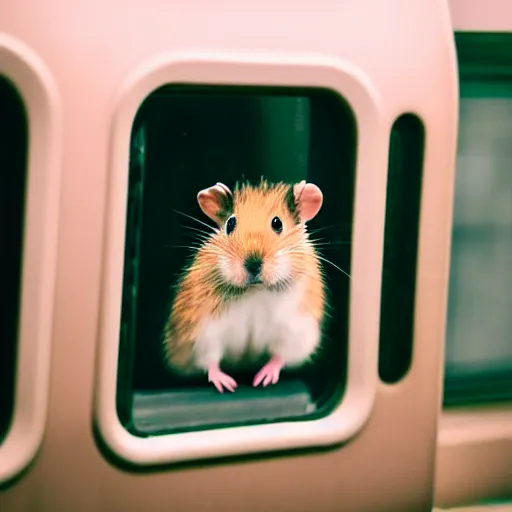 Prompt: distant photo of a hamster, sitting on a seat in a train, various poses, unedited, soft light, sharp focus, 8 k