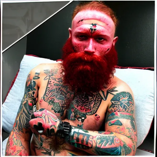 Prompt: an ex con gangster florida man baby with a big red beard and facial tattoos