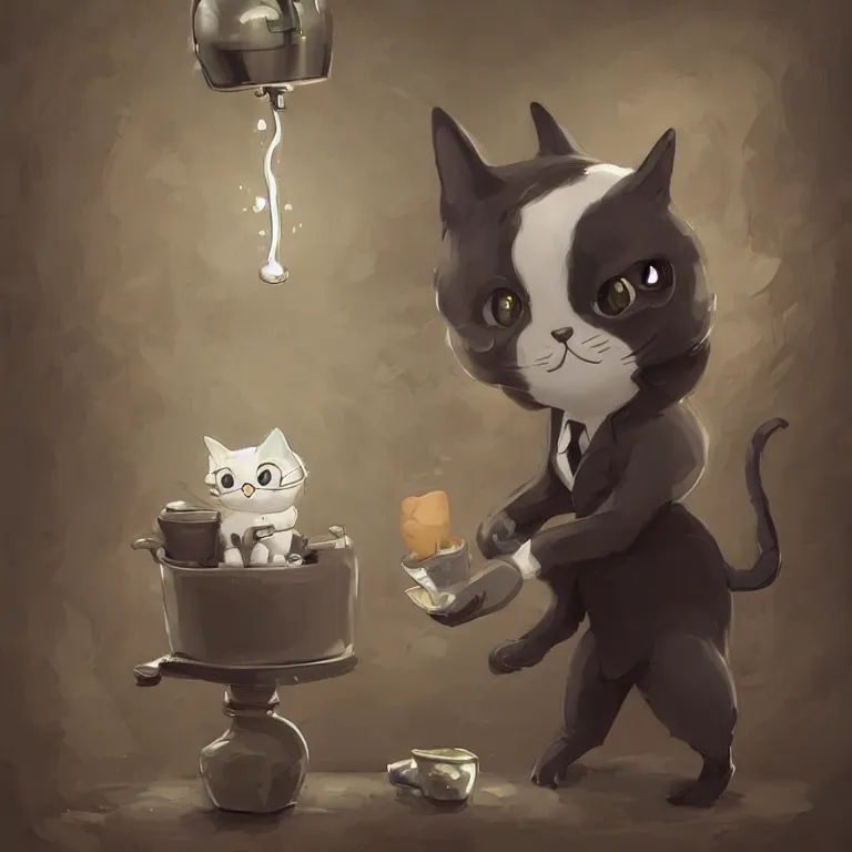 Image similar to cute little anthropomorphic cat barista wearing a black suit, tiny, small, miniature cat, baby animal, short, cute and adorable, pretty, beautiful, ghibli character art portrait, matte fantasy painting, deviantart artstation, by by jason felix by steve argyle by tyler jacobson by peter mohrbacher, cinematic lighting