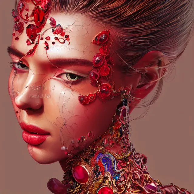 Image similar to studio portrait of absurdly beautiful, elegant, young colorful woman made of rubies and red gems, ultrafine hyperrealistic detailed face illustration by kim jung gi, irakli nadar, intricate linework, sharp focus, bright colors, matte, octopath traveler, final fantasy, unreal engine highly rendered, global illumination, radiant light, intricate environment