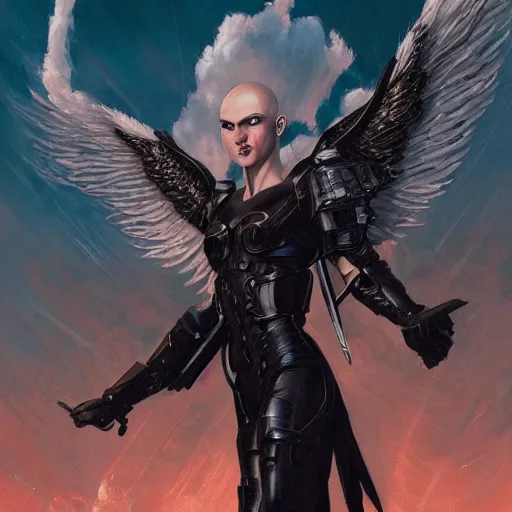 Image similar to androgynous fallen angel with shaved head on one falling through the sky while battling superior larger angels, beautiful, symmetrical, hd, highly detailed, 4 k, artgerm, cyberpunk, art by greg rutkowski