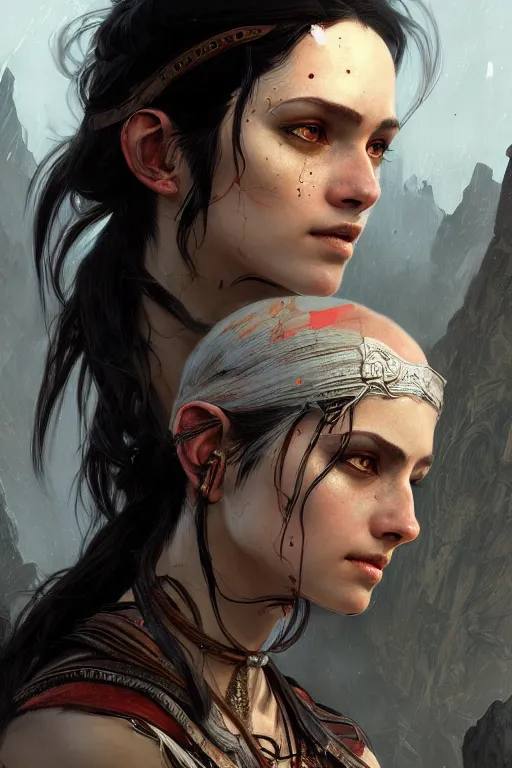 Prompt: portrait of a black haired woman in the style of god of war, rugged torn clothes, intricate, elegant, highly detailed, digital painting, artstation, concept art, smooth, sharp focus, illustration, art by artgerm and greg rutkowski and alphonse mucha, 8 k